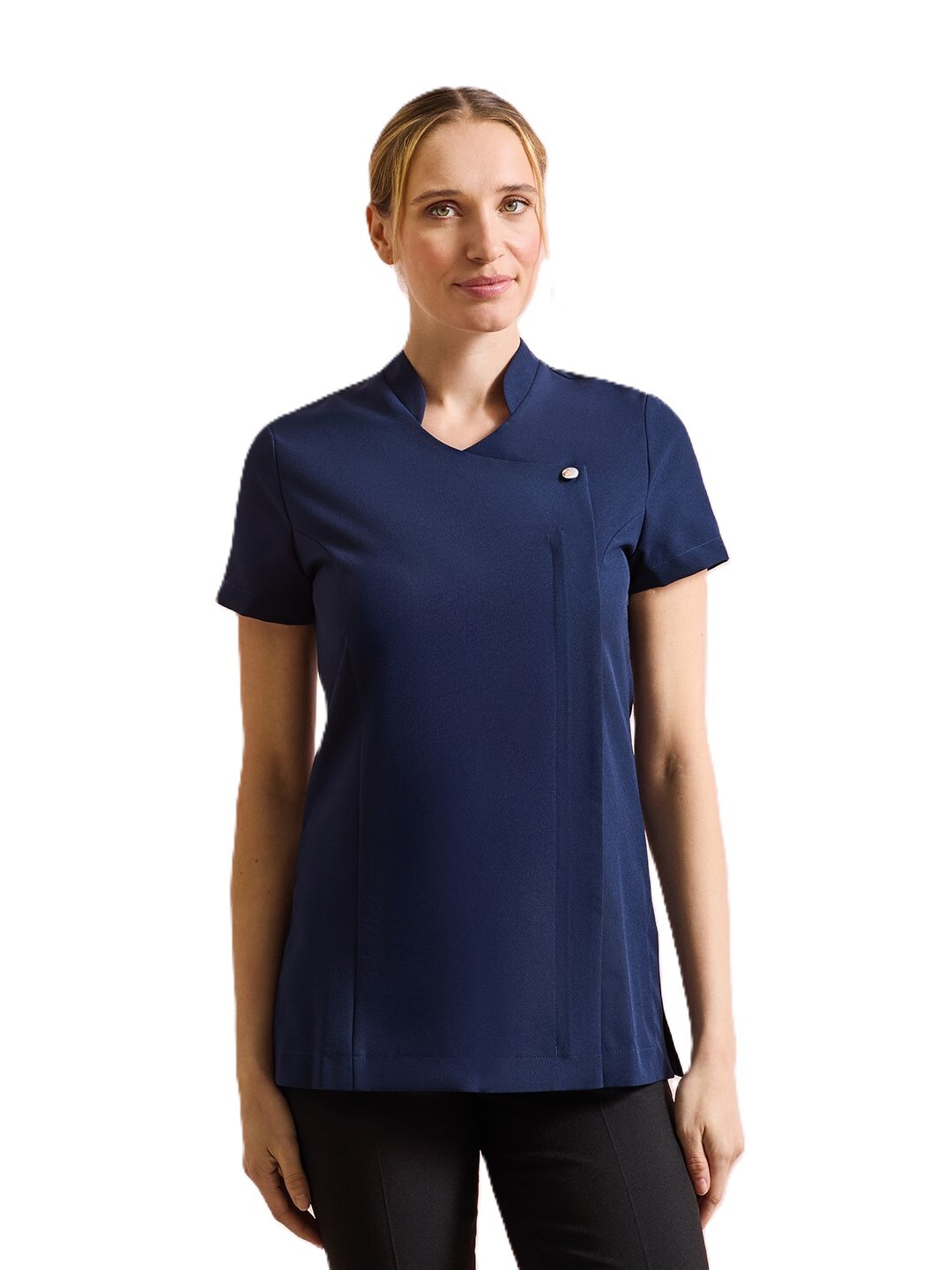 Healthcare professionals wearing a navy blue spa tunic