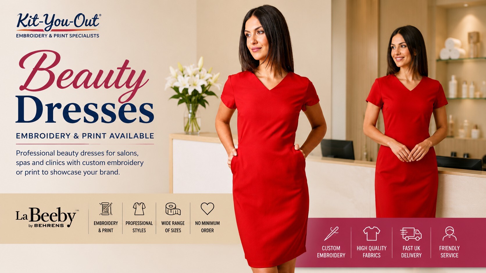 Beauty dresses with custom embroidery or print for salons, spas and aesthetics clinics by Kit-You-Out