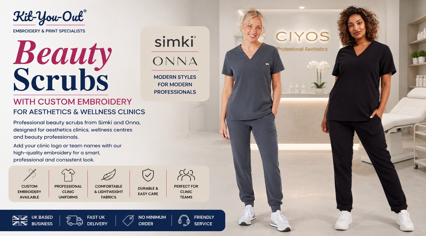 Beauty scrubs with custom embroidery from Simki and Onna for aesthetics clinics, wellness centres and beauty professionals supplied by Kit-You-Out
