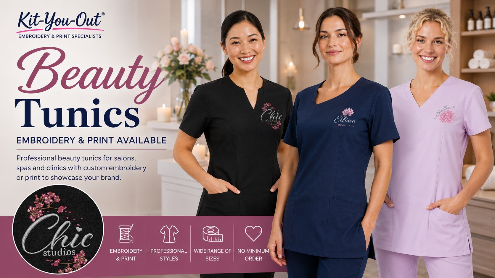 Beauty tunics with custom embroidery or print for salons, spas and aesthetics clinics by Kit-You-Out