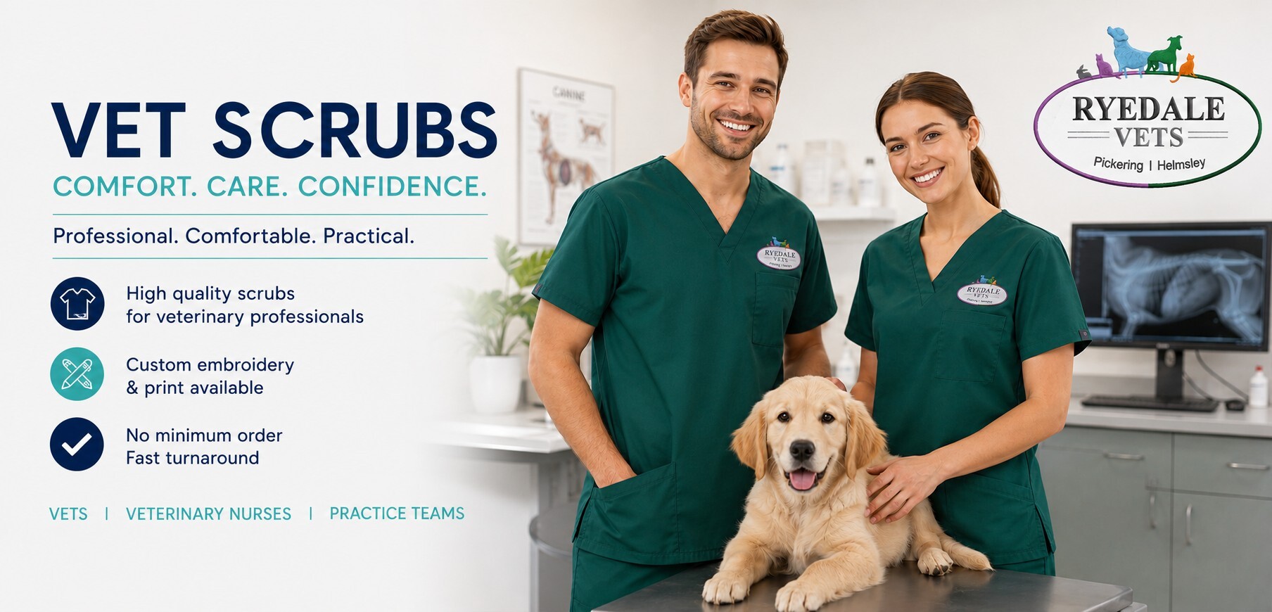 Veterinary professionals wearing embroidered hunter green scrub uniforms in a modern vet practice