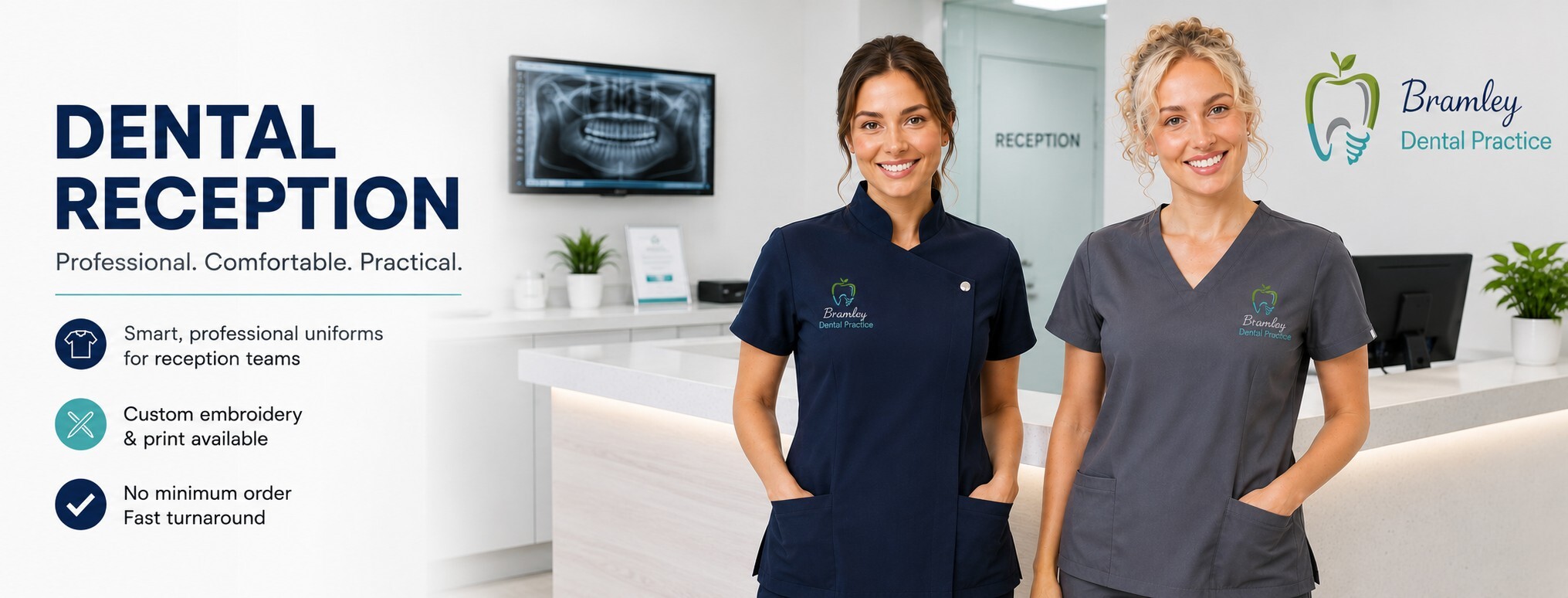 Dental nurses wearing embroidered scrub and tunic uniforms in a modern dental clinic