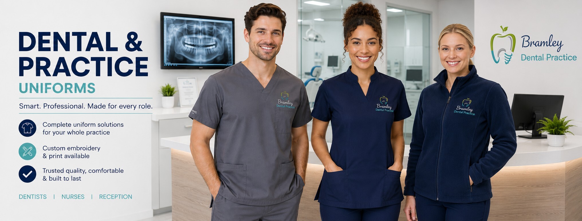 Dental practice staff wearing embroidered uniforms including scrubs, tunics and fleece workwear in a modern dental clinic