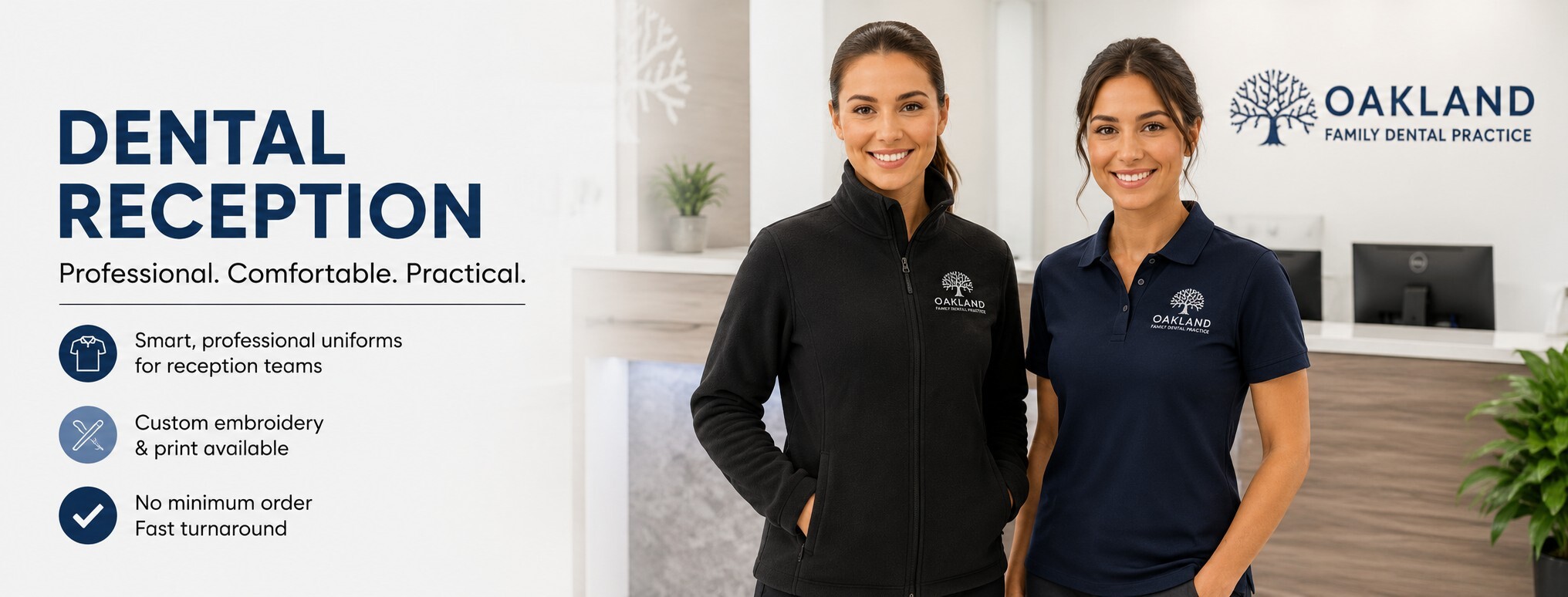 Dental reception staff wearing embroidered polo shirts and softshell workwear in a modern dental practice