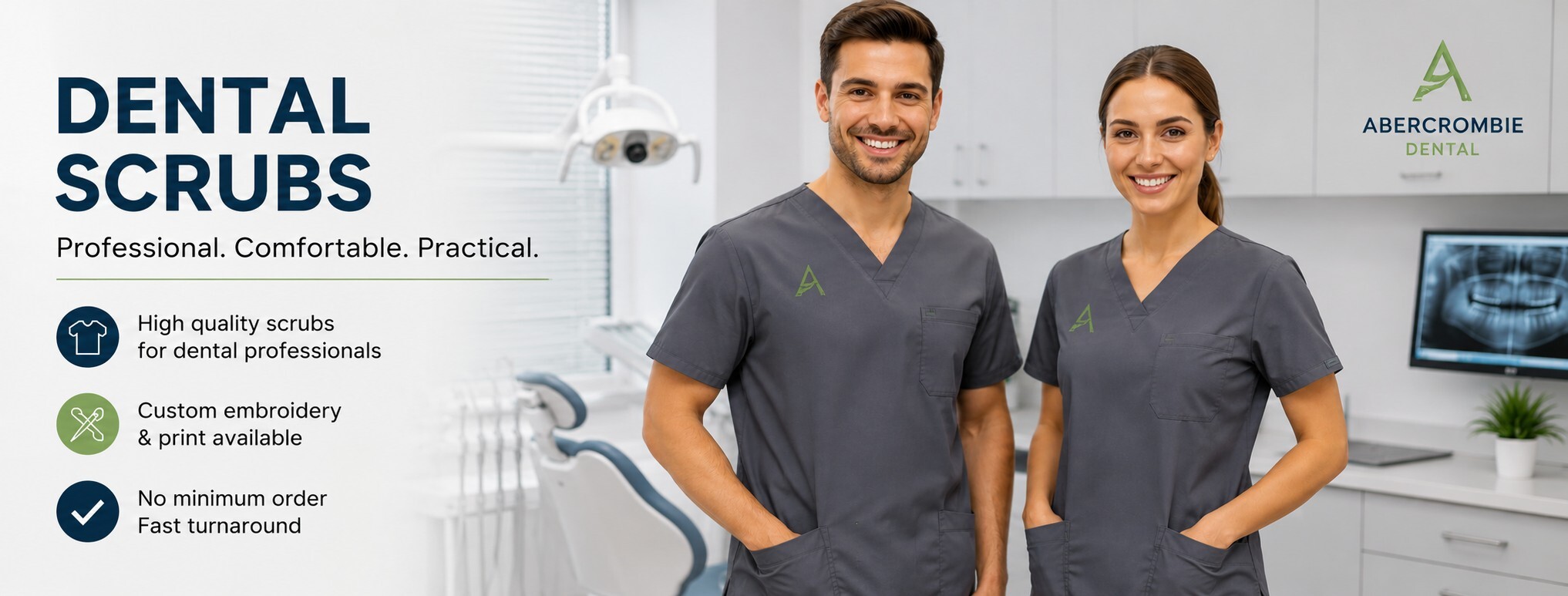 Dental professionals wearing embroidered scrub tops in a modern dental clinic