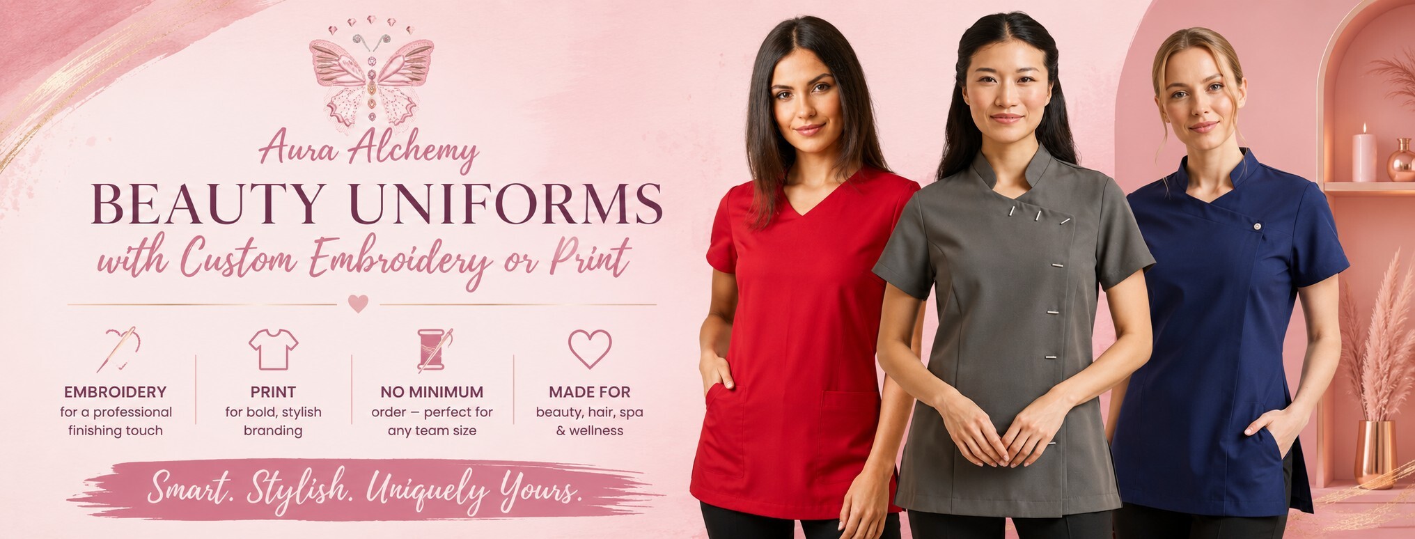 Hair, beauty and spa uniforms with custom embroidery or print for salons, spas and wellness businesses by Kit-You-Out