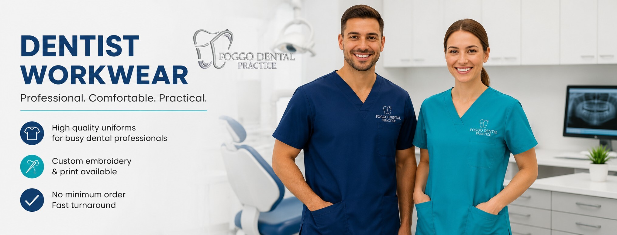 Professional dental workwear and clothing with embroidered logos
