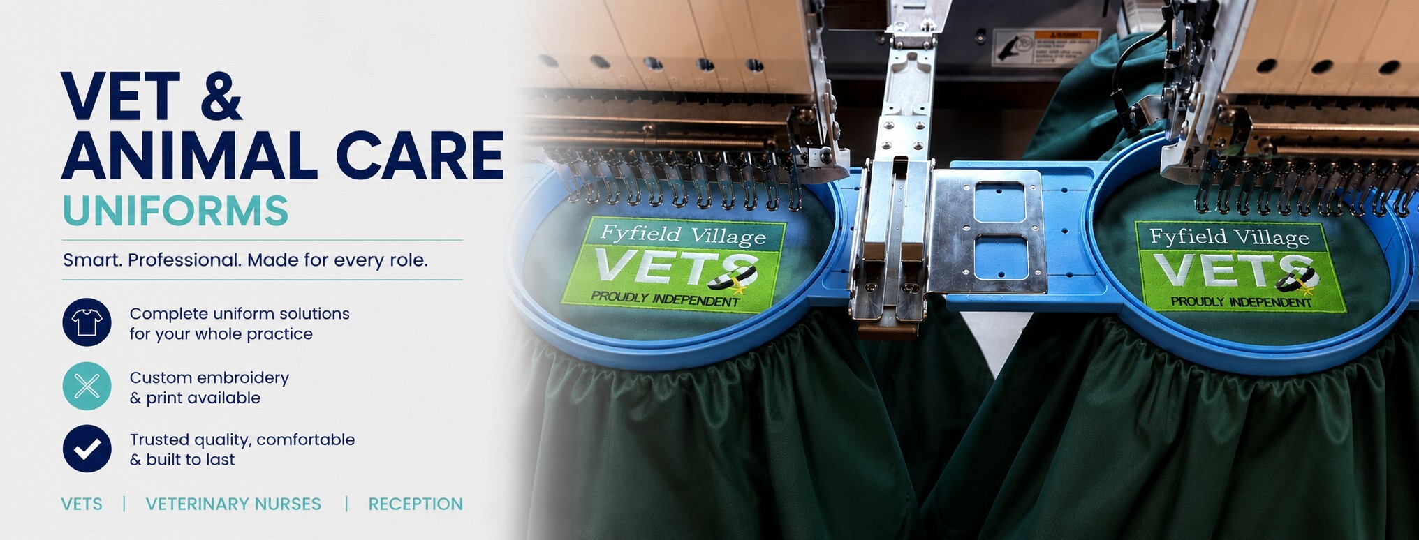 Custom embroidered veterinary uniforms being produced on a Barudan embroidery machine