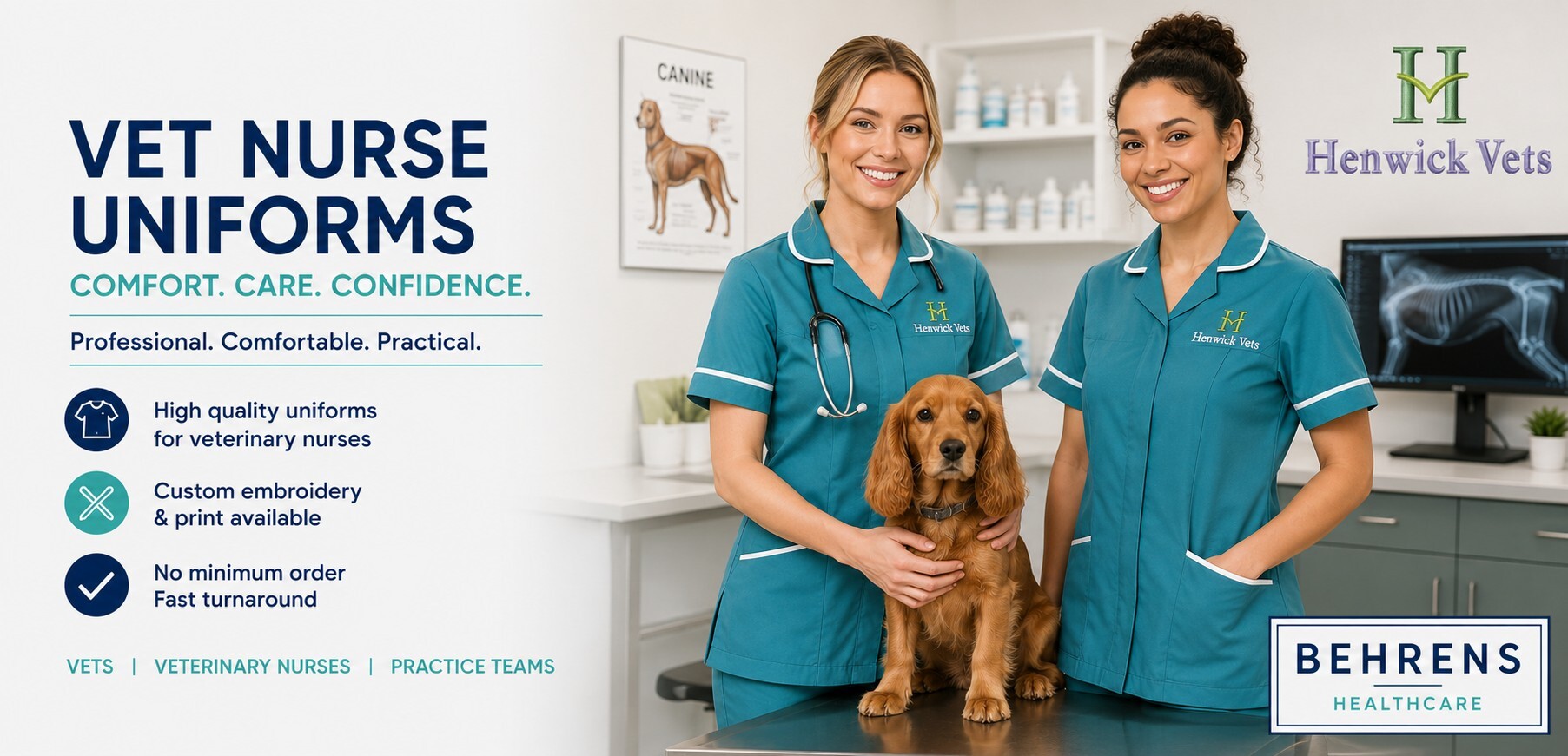 Veterinary nurses wearing embroidered teal tunic uniforms in a modern veterinary practice