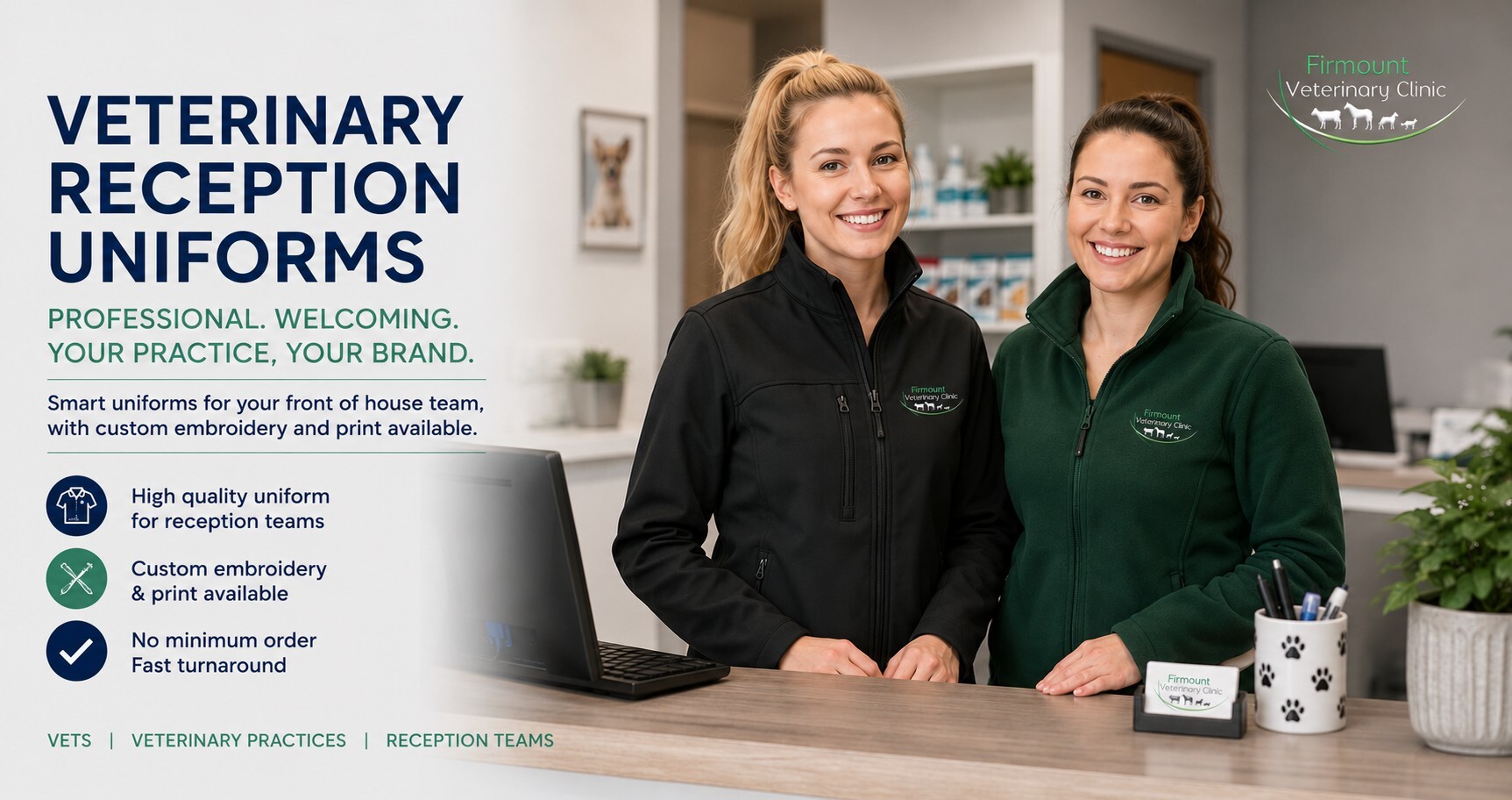 Veterinary reception staff wearing embroidered uniforms in a modern veterinary practice reception area