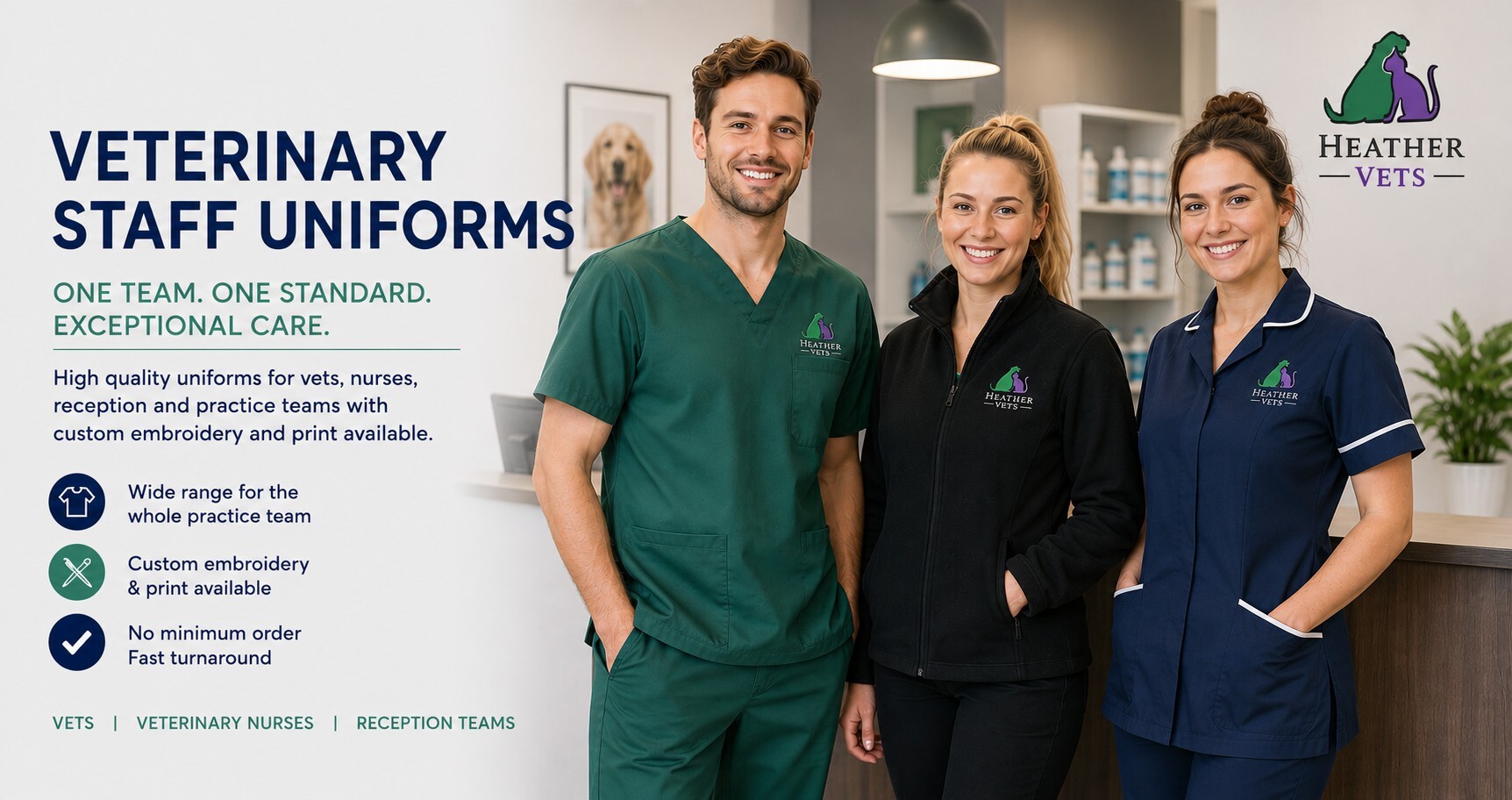 Veterinary staff wearing embroidered uniforms in a modern veterinary practice including scrubs, tunics and reception wear